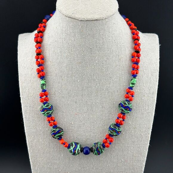 Art Glass Lampwork Bead Necklace Vintage Handmade Gold Plated Clasp Red Blue 17"